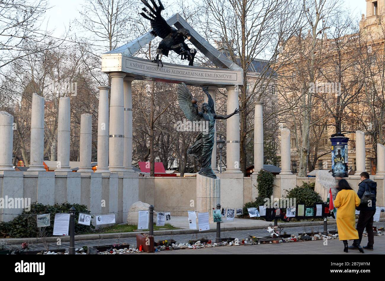 BUDAPEST, HUNGARY - 9 FEBRUARY 2020: The controversial  monument in Szabadsag Square to the victims of German occupatiion. Stock Photo