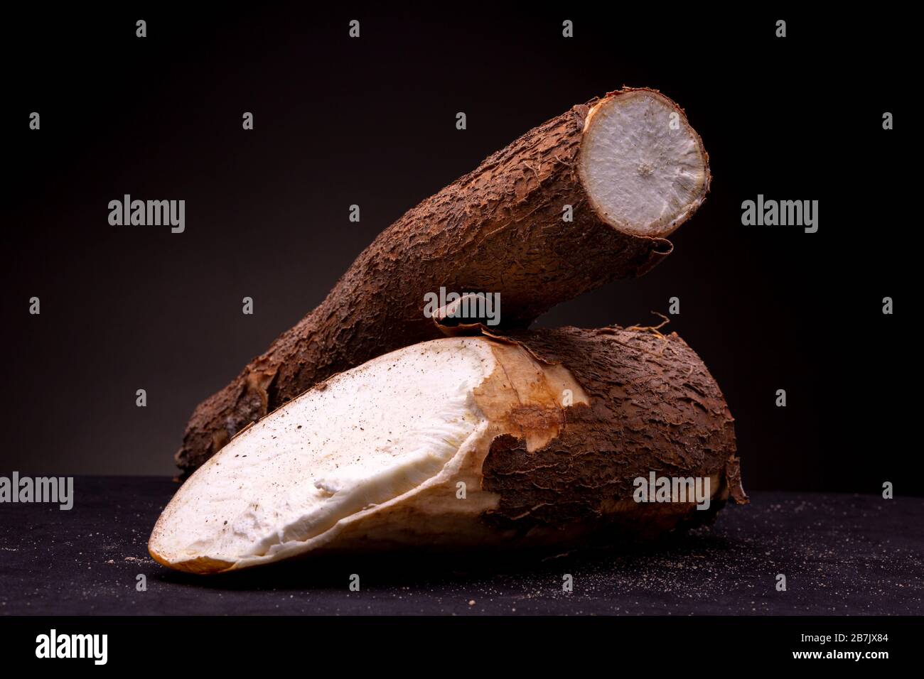 Unprepared Cassava roots with textured bark and white edible inside. Still life studio shot of shrubs contrasted against a dark grey background Stock Photo
