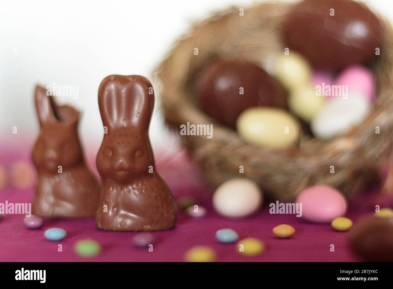 Chocolate bunnies, one missing a bite, and bird nest with easter sweets