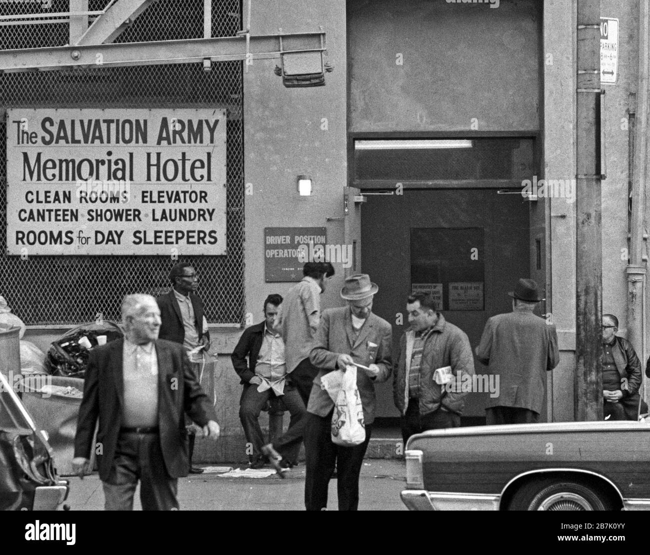 Film image, July 1970, Salvation Army Memorial Hotel for cheap rooms. Lower East Side, New York City. Stock Photo