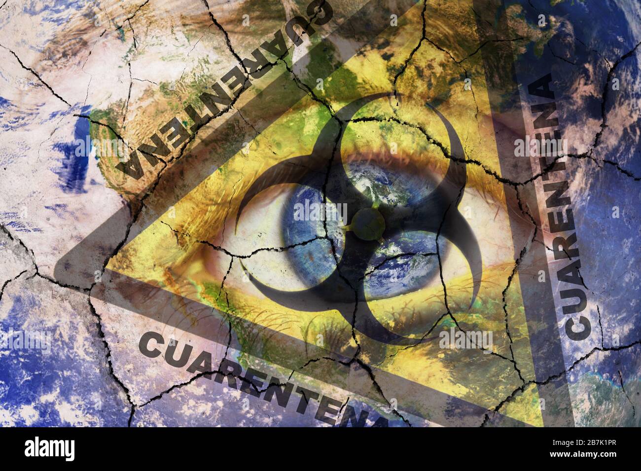 Coronavirus global Pandemic outbreak and quarantine concept. Creative composite of of woman face with cracked World map painted, and biohazard symbol, with the text Quarantine in Spanish language .  Stock Photo