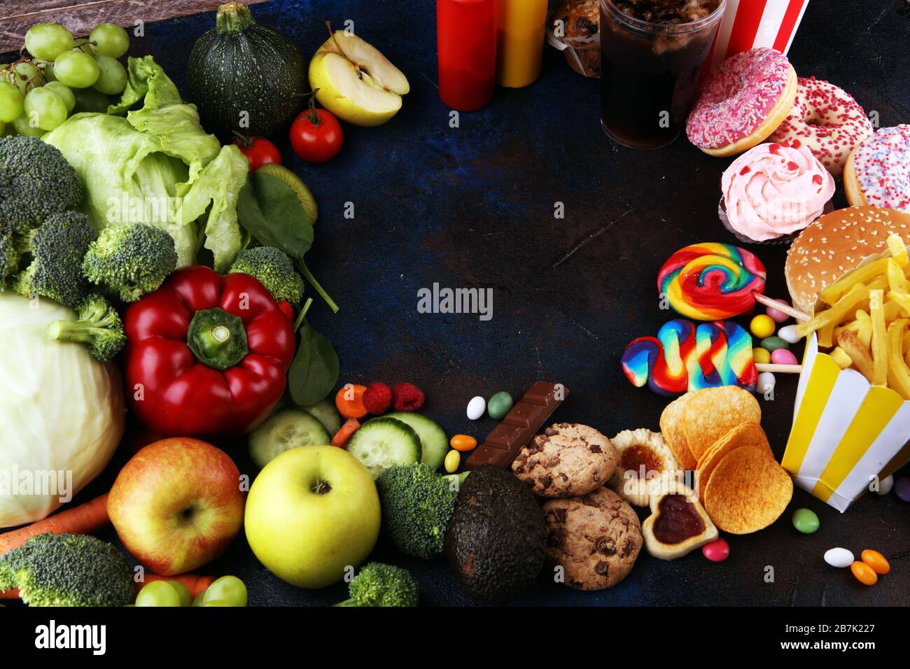 healthy or unhealthy food. Concept photo of healthy and unhealthy food