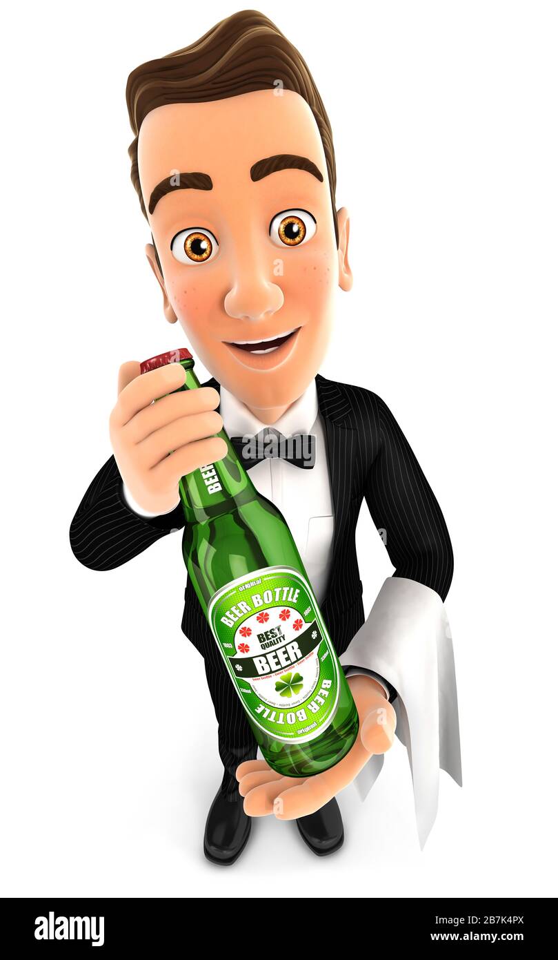 3d waiter holding big beer bottle, illustration with isolated white background Stock Photo