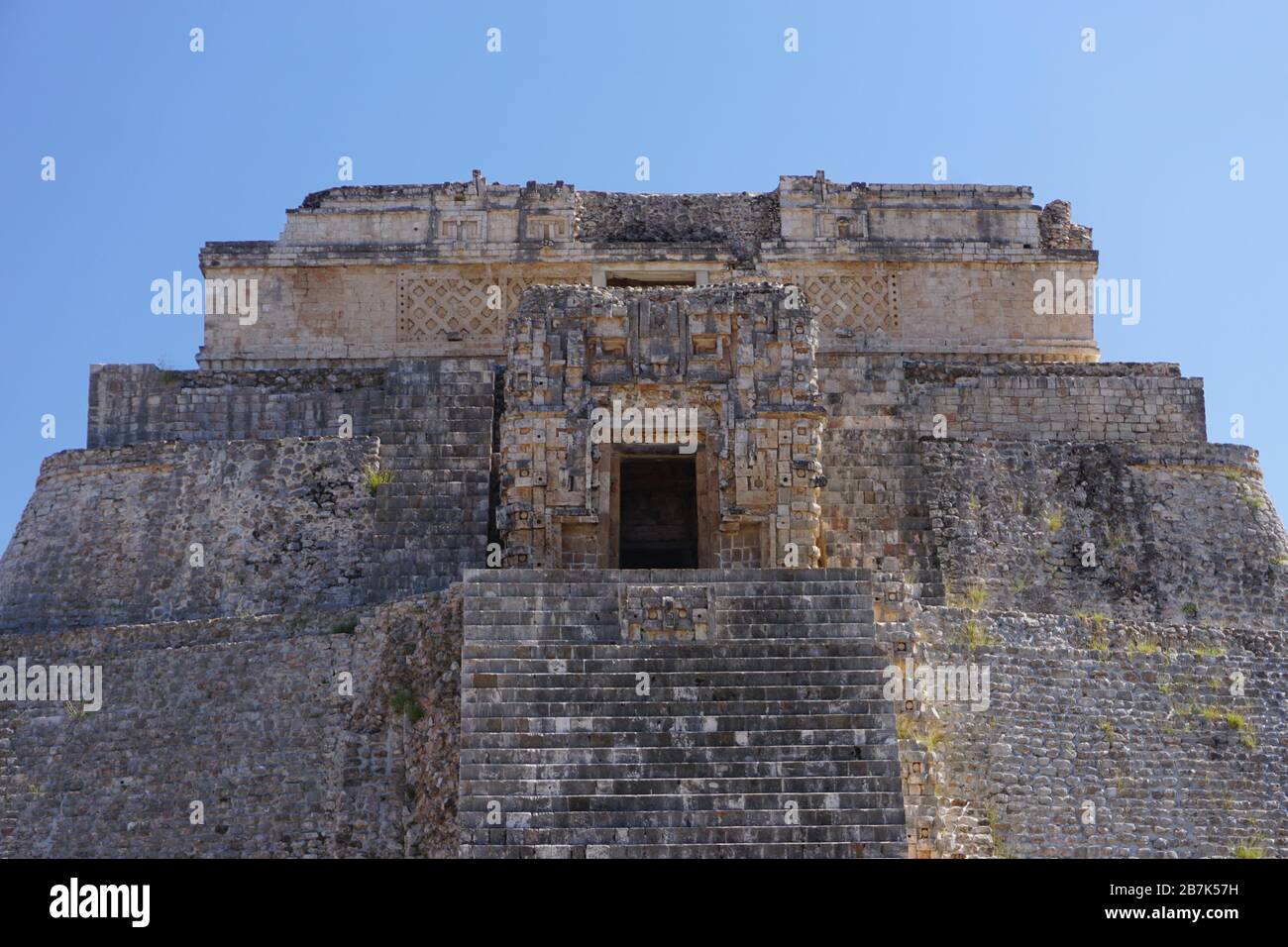 Uxmal, Mexico: Closeup of the Mayan Pyramid of the Magician, also known as the Pyramid of the Dwarf, 600-900 A.D. Stock Photo
