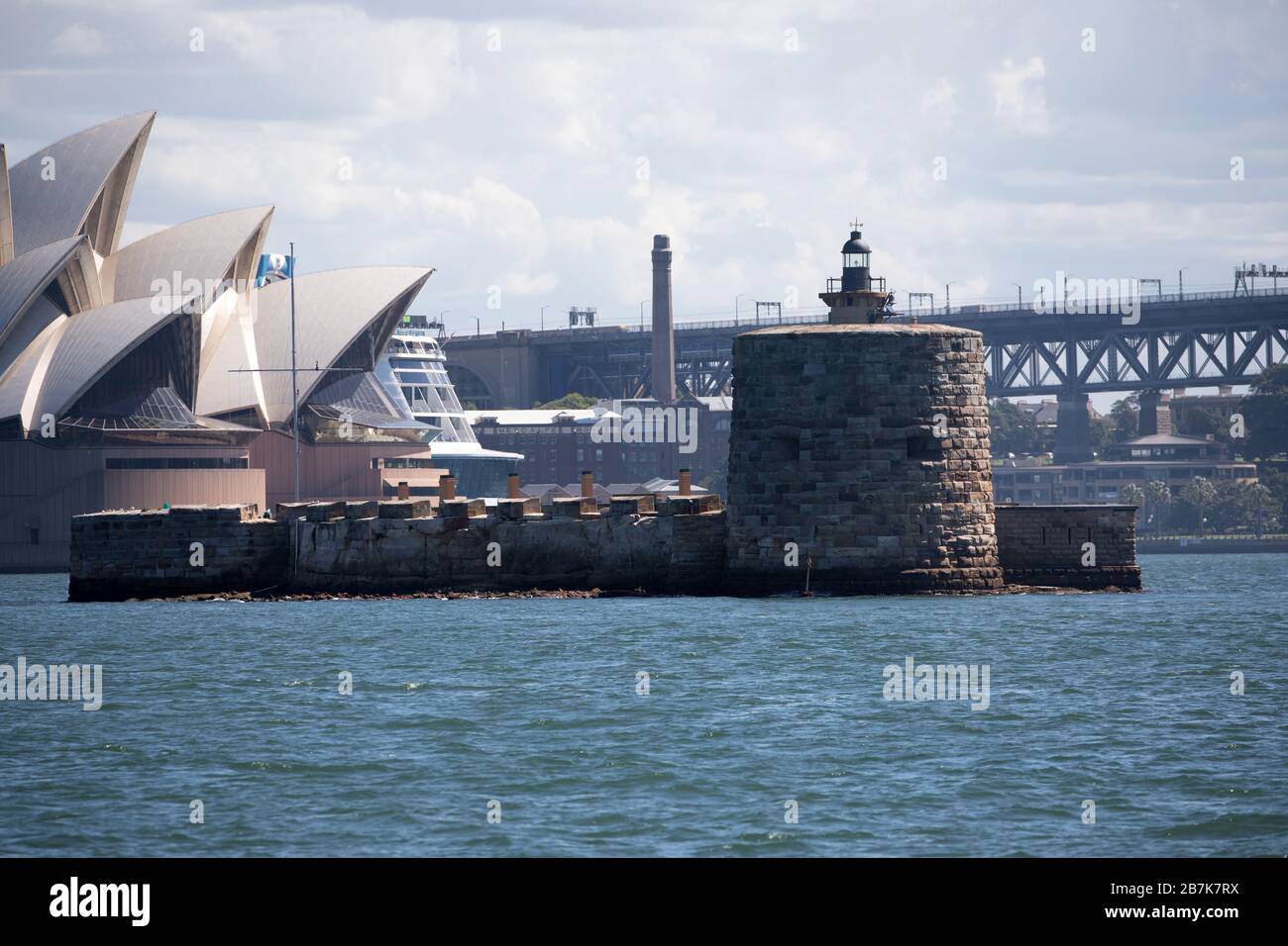 Fort Denison is a heritage fort on a Sydney Harbour island, once called Pinchgut. This former military site is the most complete Martello Tower. Stock Photo