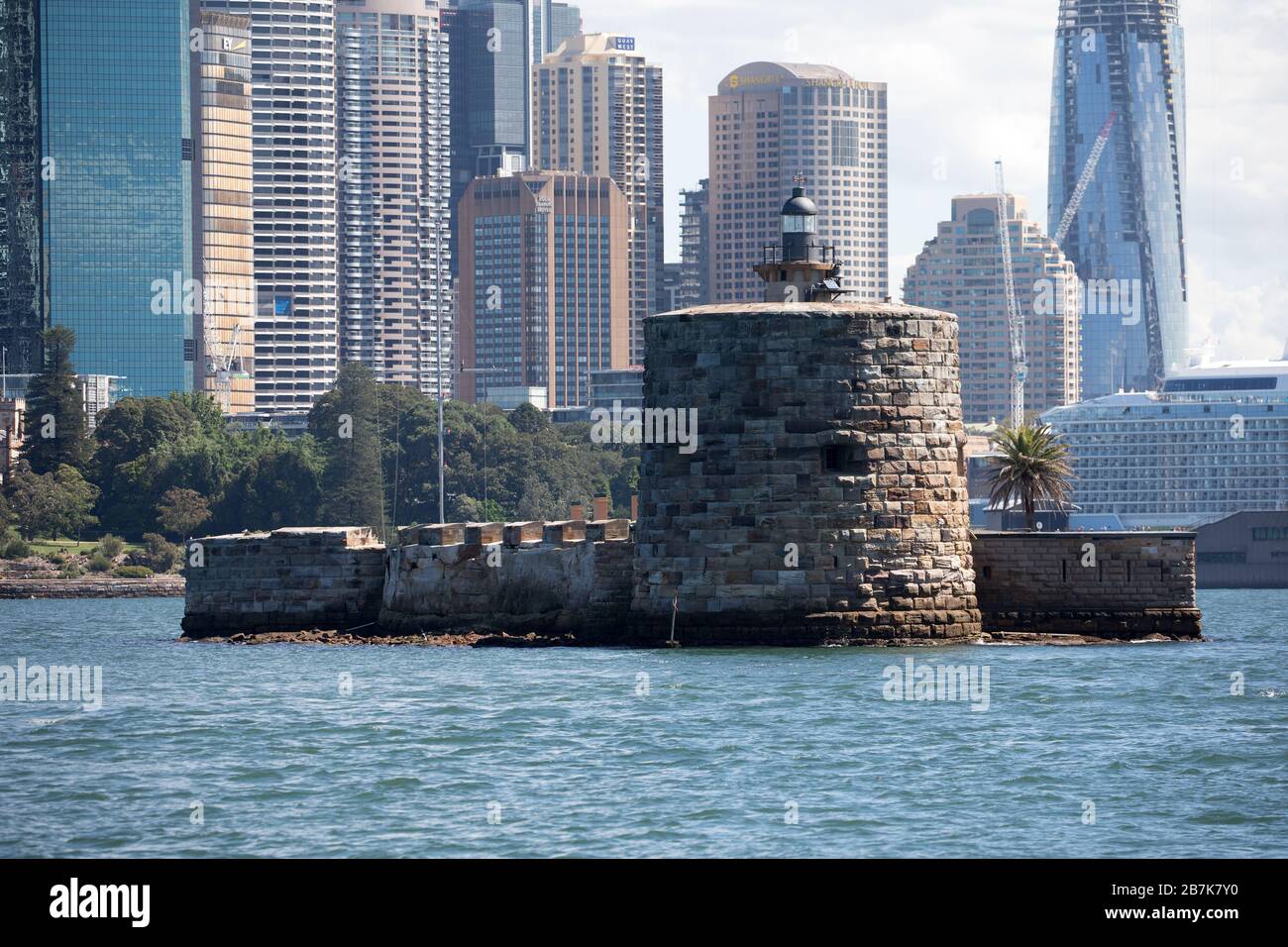 Fort Denison is a heritage fort on a Sydney Harbour island, once called Pinchgut. This former military site is the most complete Martello Tower. Stock Photo