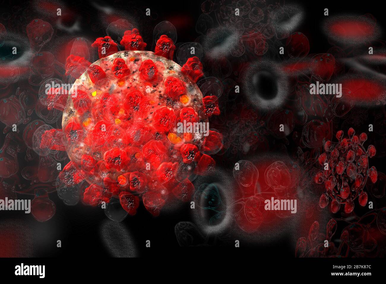 Coronavirus SARS- CoV-2 (Covid-19). Microscopic view. Stock Photo