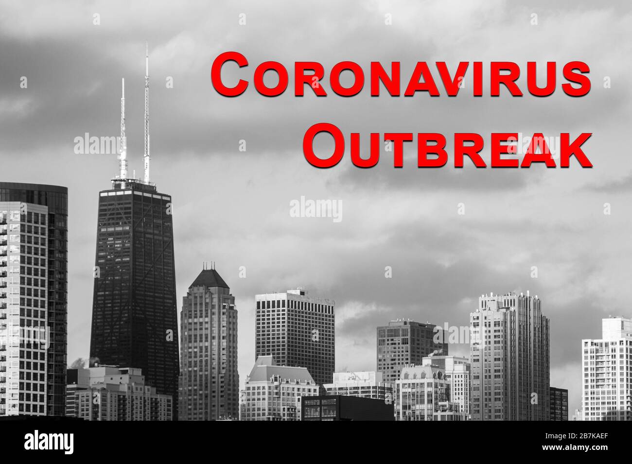 Coronavirus Outbreak in Chicago, Illinois. Cityscape with red text 'CORONAVIRUS COUTBREAK'. Stock Photo