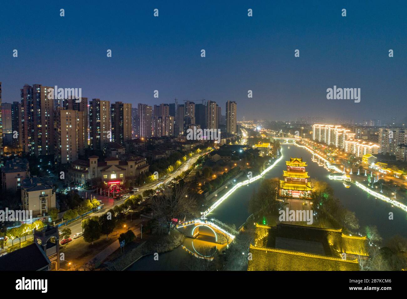 View of the lights by the canal in Huai'an city, east China's Jiangsu province, 20 January 2020. Stock Photo