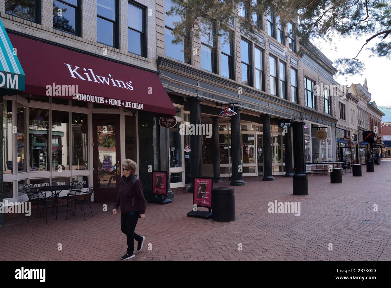 On a sunny March Monday with afternoon temperatures above 50 degrees, Downtown Boulder would be buzzing with activity. March 16, 2020 was different. Stock Photo