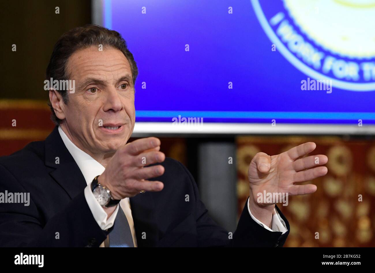 Albany, New York / United States 3/16/2020 New York Gov. Andrew Cuomo announces efforts to prevent the spread of the coronavirus during a news confere Stock Photo