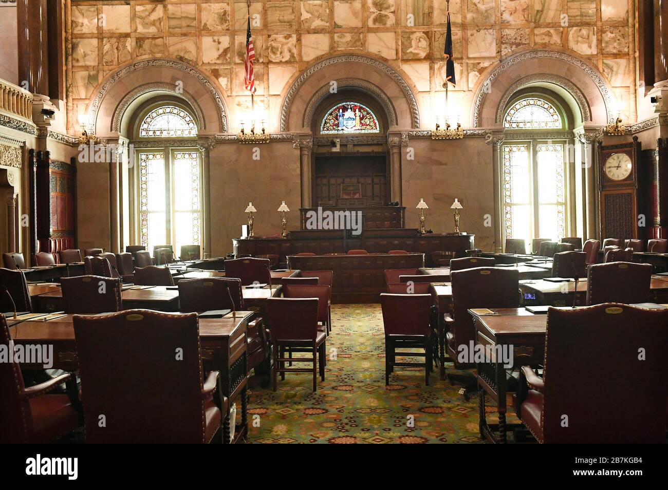 New York state Senate Chamber at the state Capitol. Monday, March 16, 2020 in Albany, New York. Stock Photo