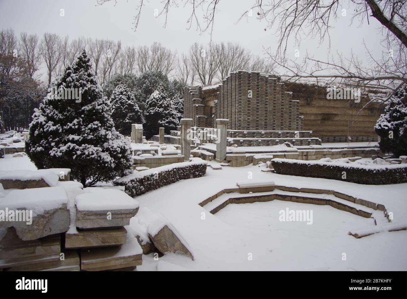 The snow covers debris of the Old Summer Palace, known in Chinese as