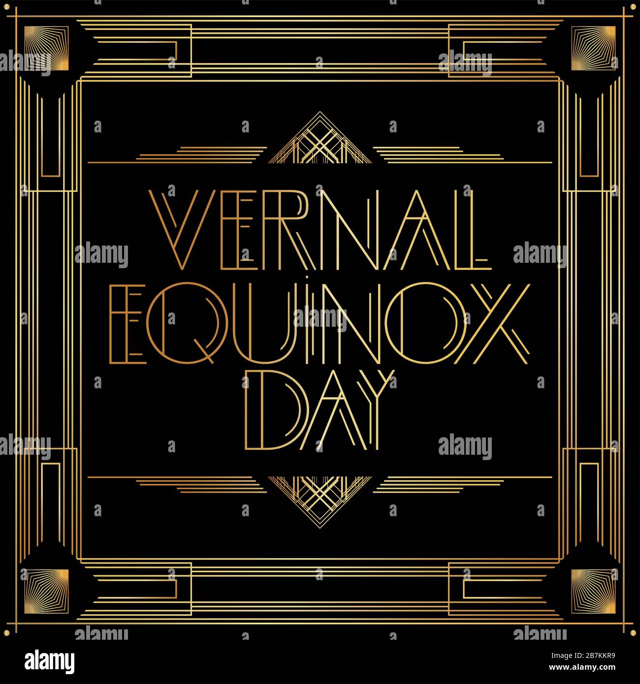 Art Deco Vernal Equinox Day poster, holiday in Japan on March 21st. Golden decorative greeting card, sign with vintage letters. Stock Vector