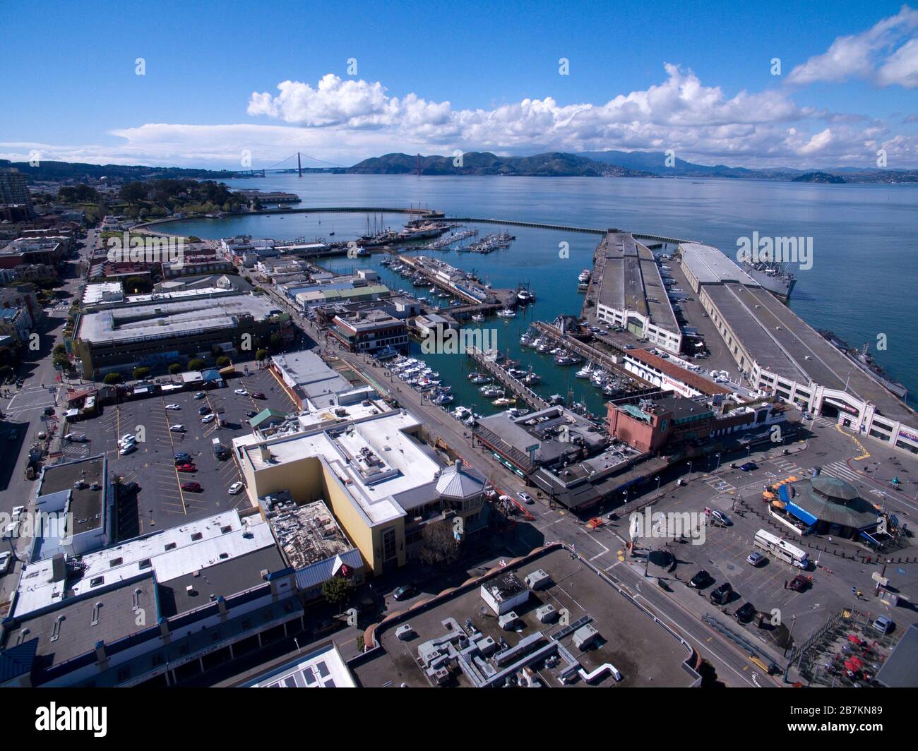 SAN FRANCISCO - MARCH 16: Aerial Photography showing San Francisco taken hours before the ‘shelter in place, ' order for 6 counties in the area was given, Aerial Footage of San Francisco Fisherman's Wharf, and the Embarcadero on March 16, 2020 in San Francisco, California. Photo: imageSPACE/MediaPunch Stock Photo