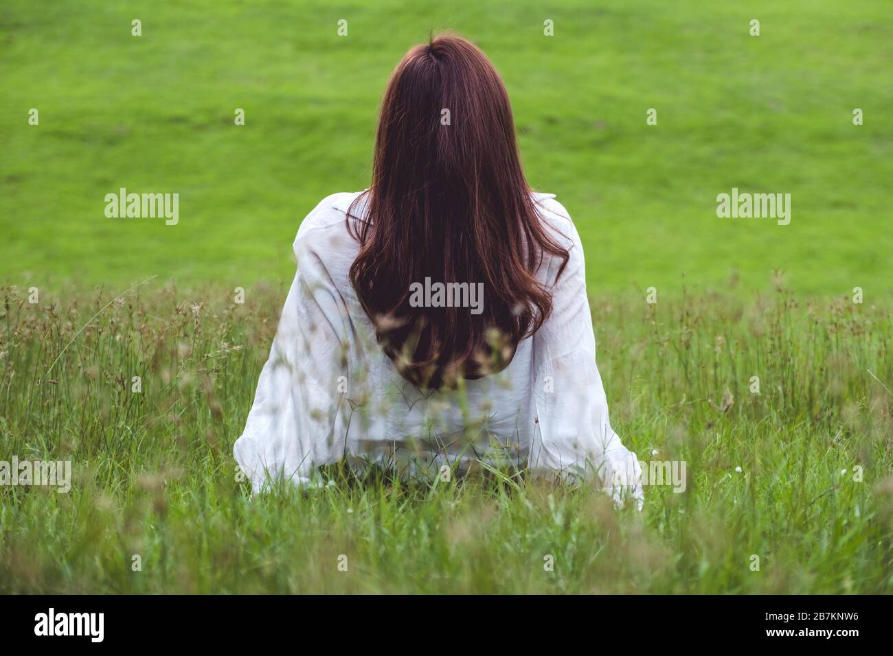 Girl Sitting Alone Back Nature High Resolution Stock Photography And