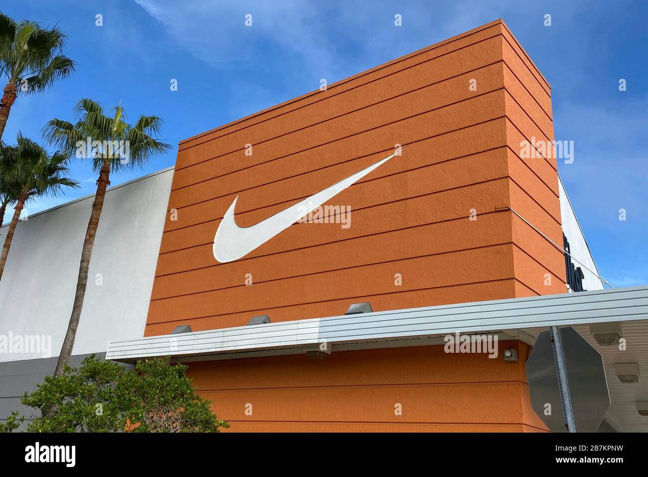 Kissimmee, United States. 24th Jan, 2020. General overall view of the  swoosh logo at the Nike Factory Store, Friday, Jan. 24, 2020, in Kissimmee,  Fla. Starting on March 16, Nike stores in