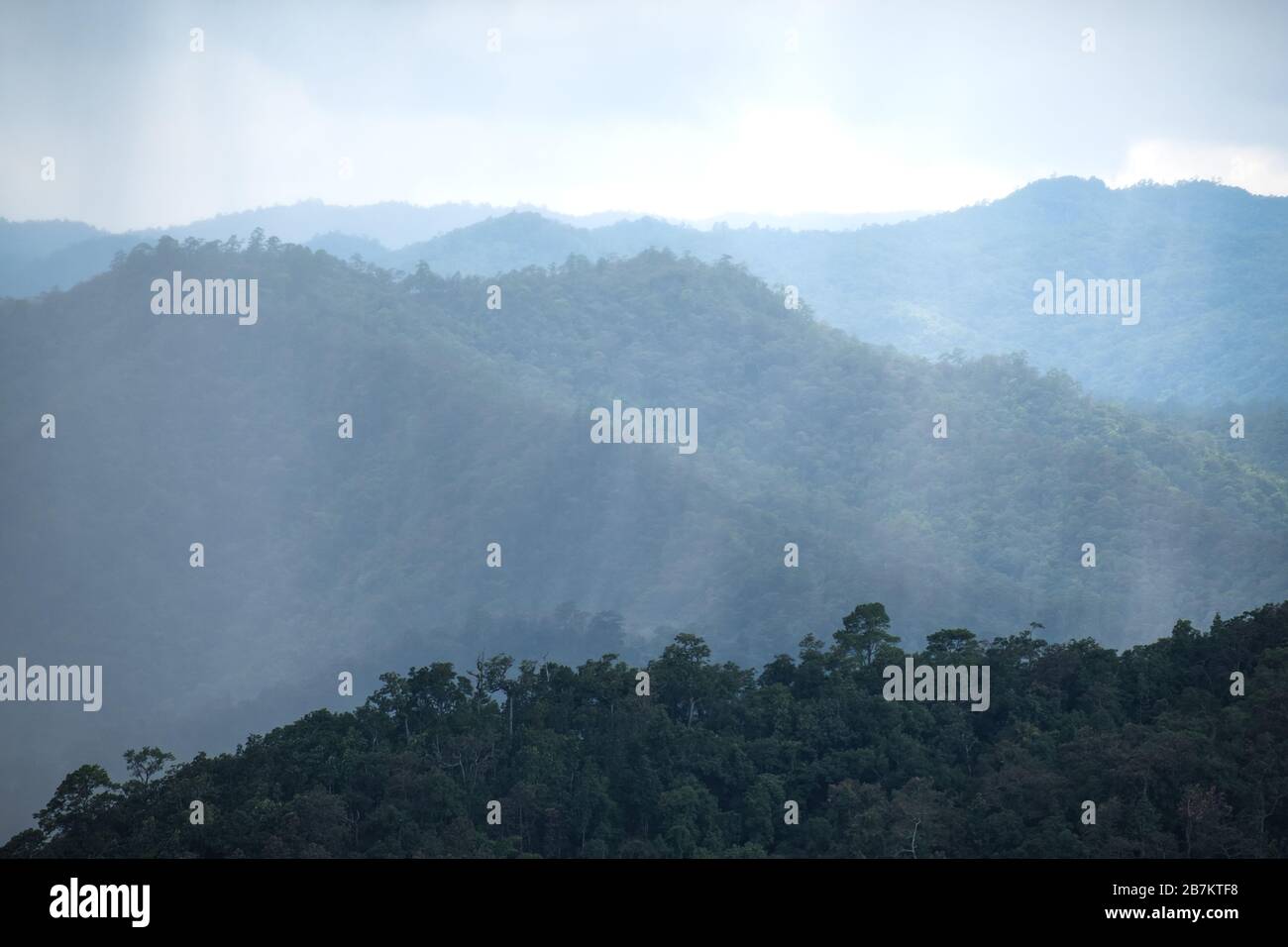 Landscape image of greenery mountain hills while it's raining Stock ...