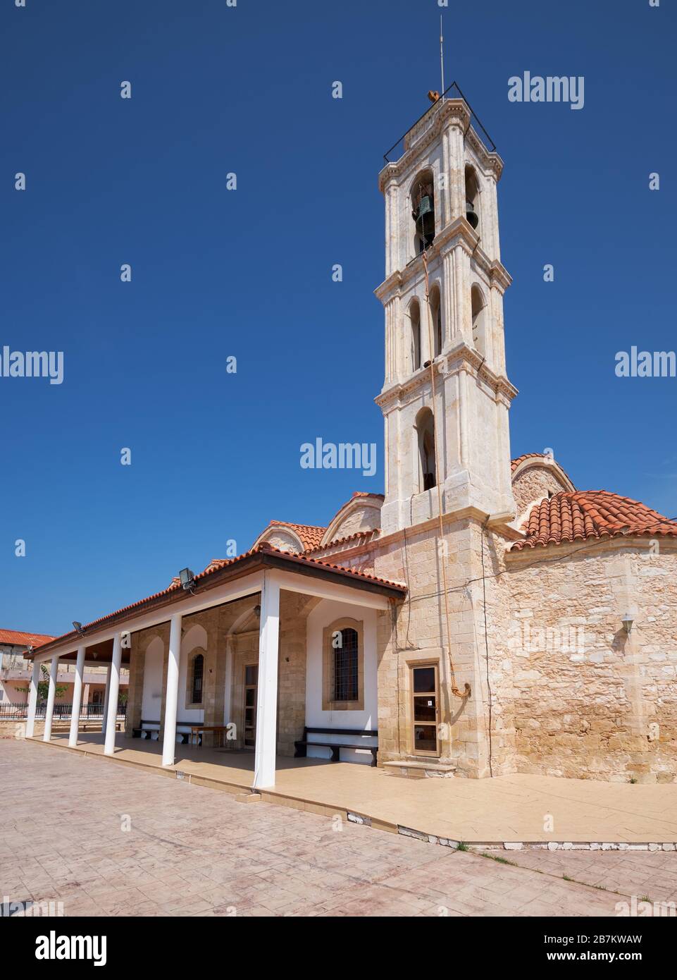 The view of the church dedicated to the Apostle and Evangelist Lucas in Kolossi village. Limassol District. Cyprus Stock Photo