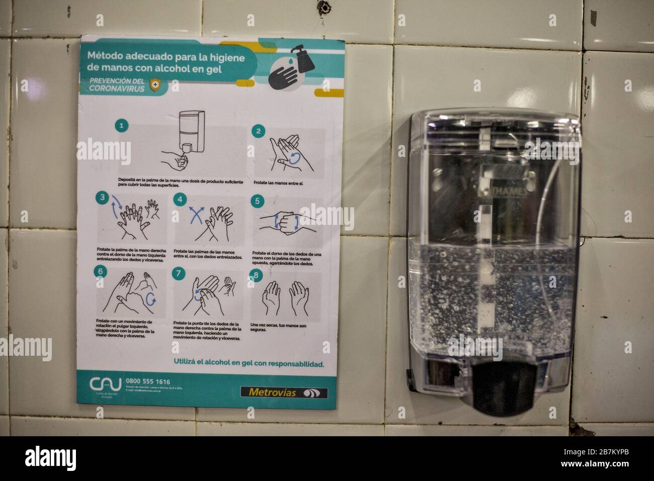 Buenos Aires, Federal Capital, Argentina. 16th Mar, 2020. As preventive measures in the City of Buenos Aires, in the subway stations, they dispensed alcohol gel dispensers in which there are shortages in pharmacies and supermarkets. Credit: Roberto Almeida Aveledo/ZUMA Wire/Alamy Live News Stock Photo