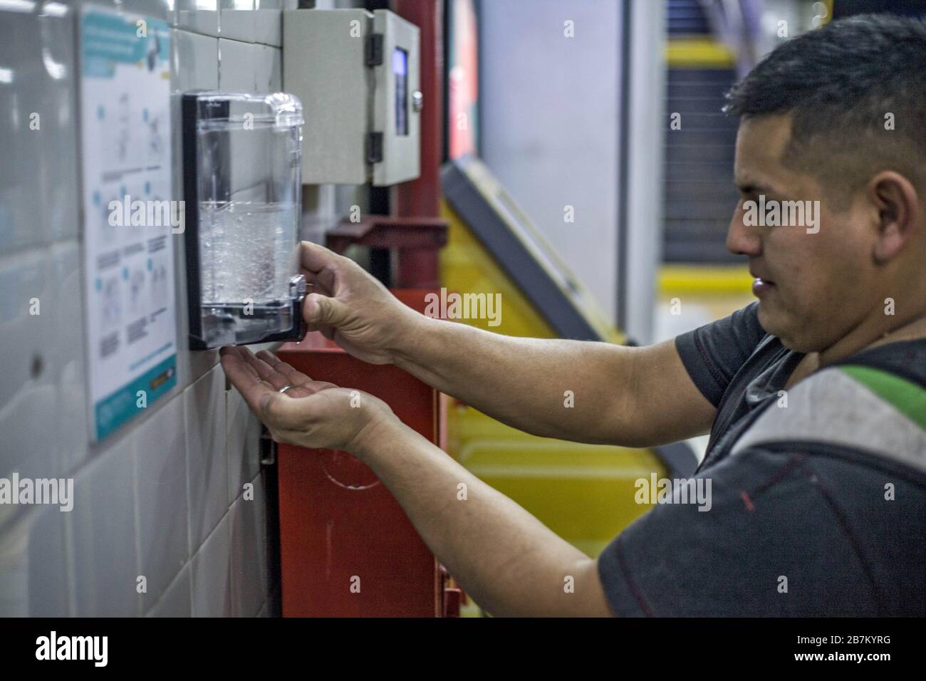 Buenos Aires, Federal Capital, Argentina. 16th Mar, 2020. As preventive measures in the City of Buenos Aires, in the subway stations, they dispensed alcohol gel dispensers in which there are shortages in pharmacies and supermarkets. Credit: Roberto Almeida Aveledo/ZUMA Wire/Alamy Live News Stock Photo