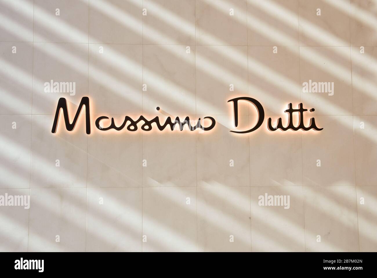 RIGA, LATVIA. 4th April 2019 Massimo Dutti logo on shop at shopping centre  Akropole. Massimo Dutti is a Spanish clothes manufacturing company that is  part of the Inditex group Stock Photo - Alamy