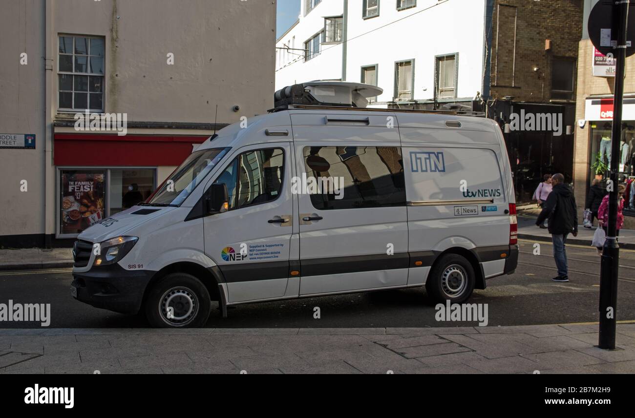 London, UK - October 2, 2019:  ITV News satellite van parked in Croydon, South London. Stock Photo