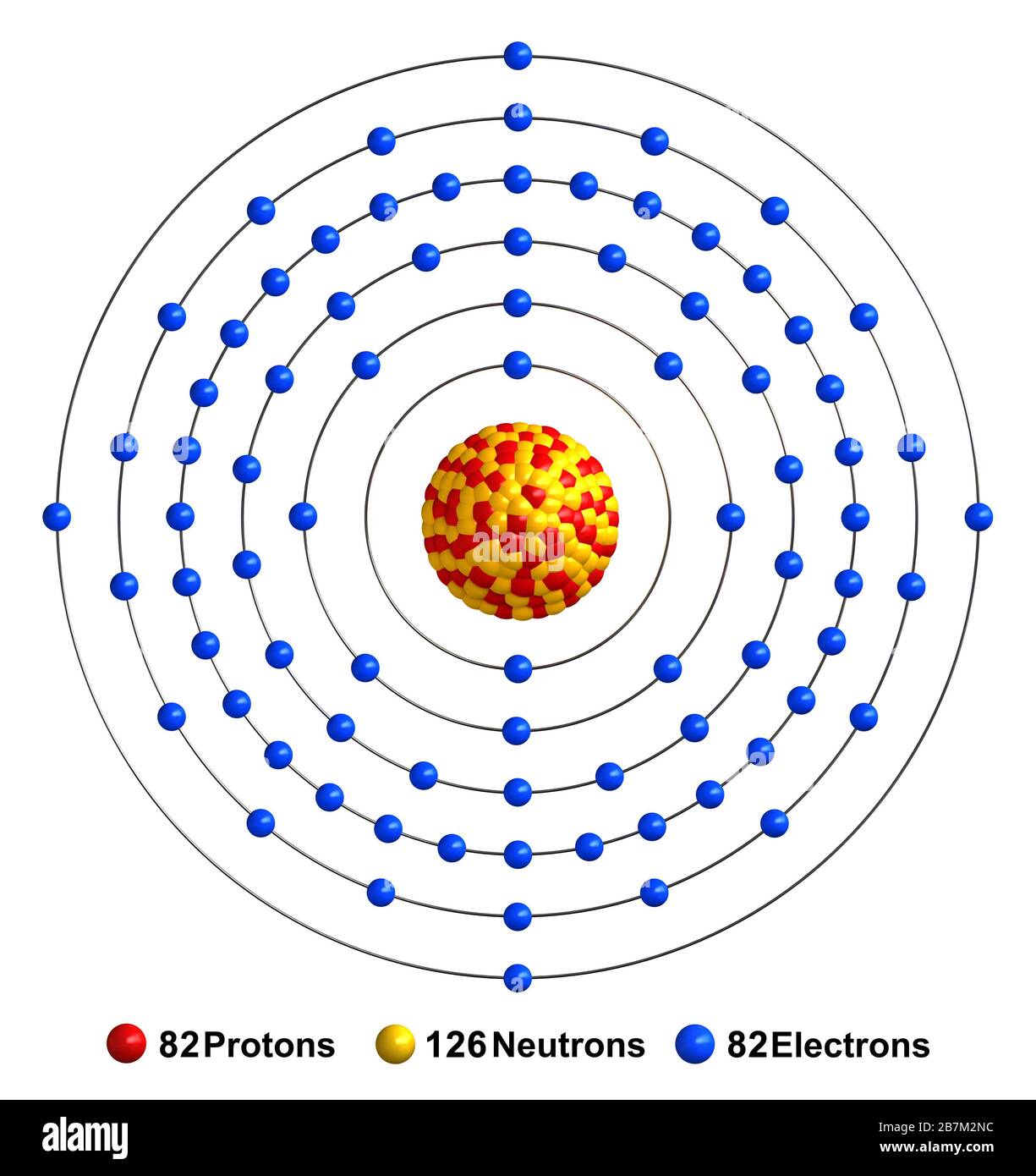 3d render of atom structure of lead isolated over white background Protons  are represented as red spheres, neutron as yellow spheres, electrons as blu  Stock Photo - Alamy