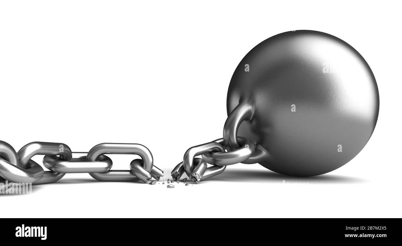 3d render of a vintage metalic ball and brocken chain over white ...