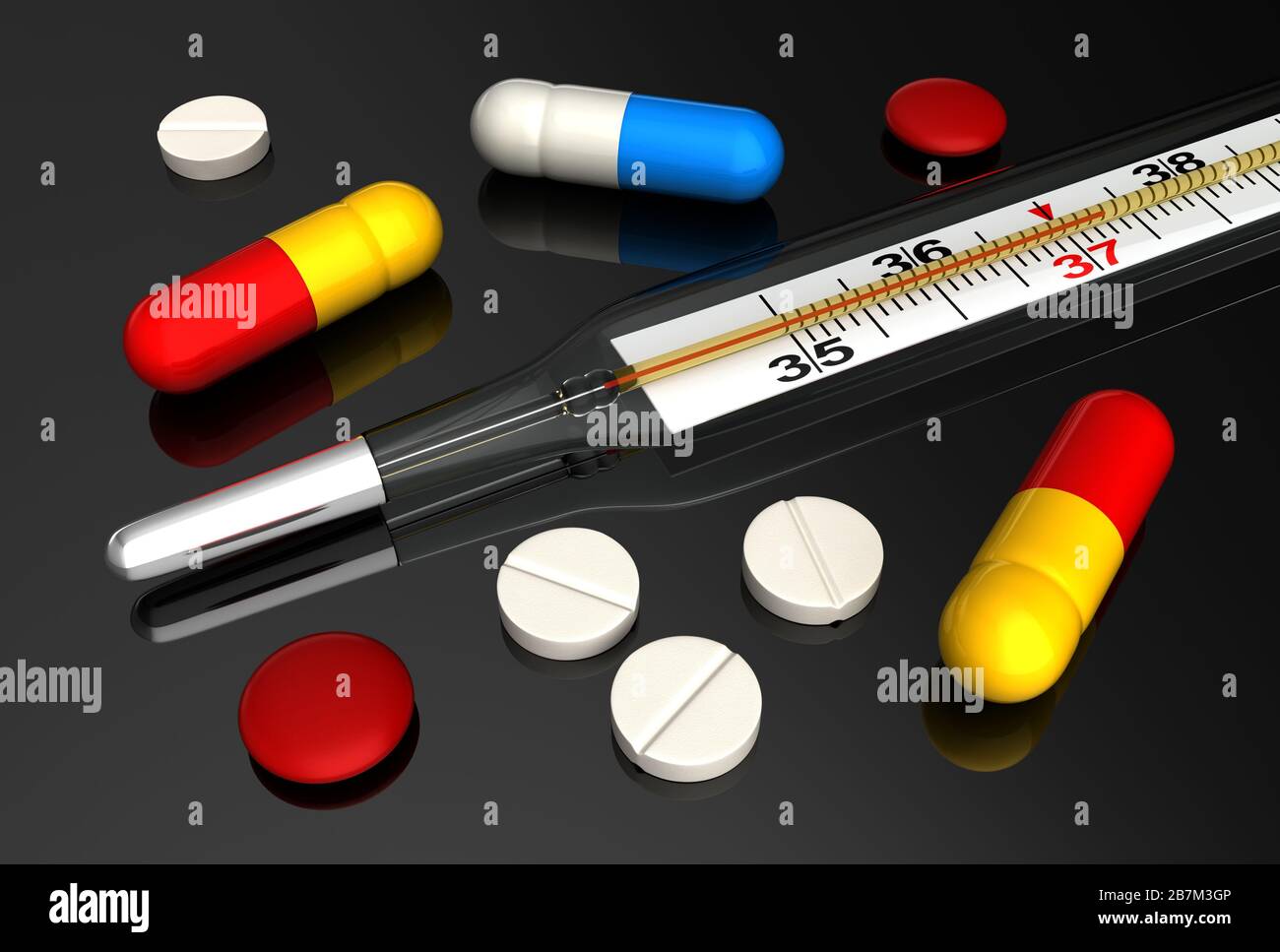 3d render of medical thermometer and various pills Stock Photo