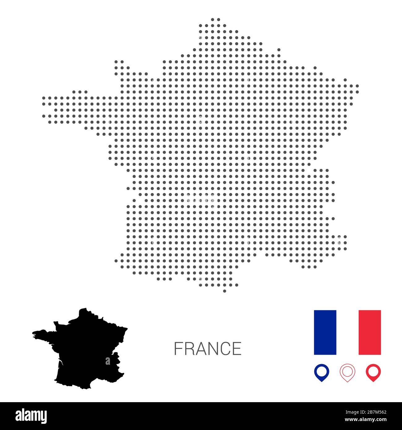 Dotted vector map of France. Round gray spots. France map with national flag and map icons. Black silhouette Stock Vector