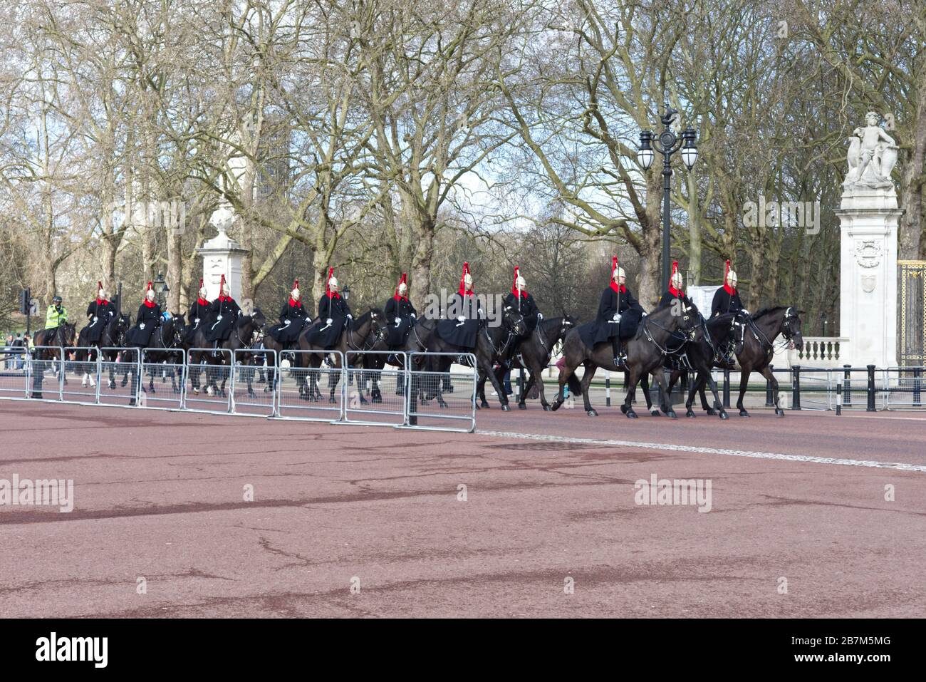horse-guards of the blues and royals changing the guard passing Canada gate with no tourists watching  due to COVID 19, London 16th march 2020 Stock Photo