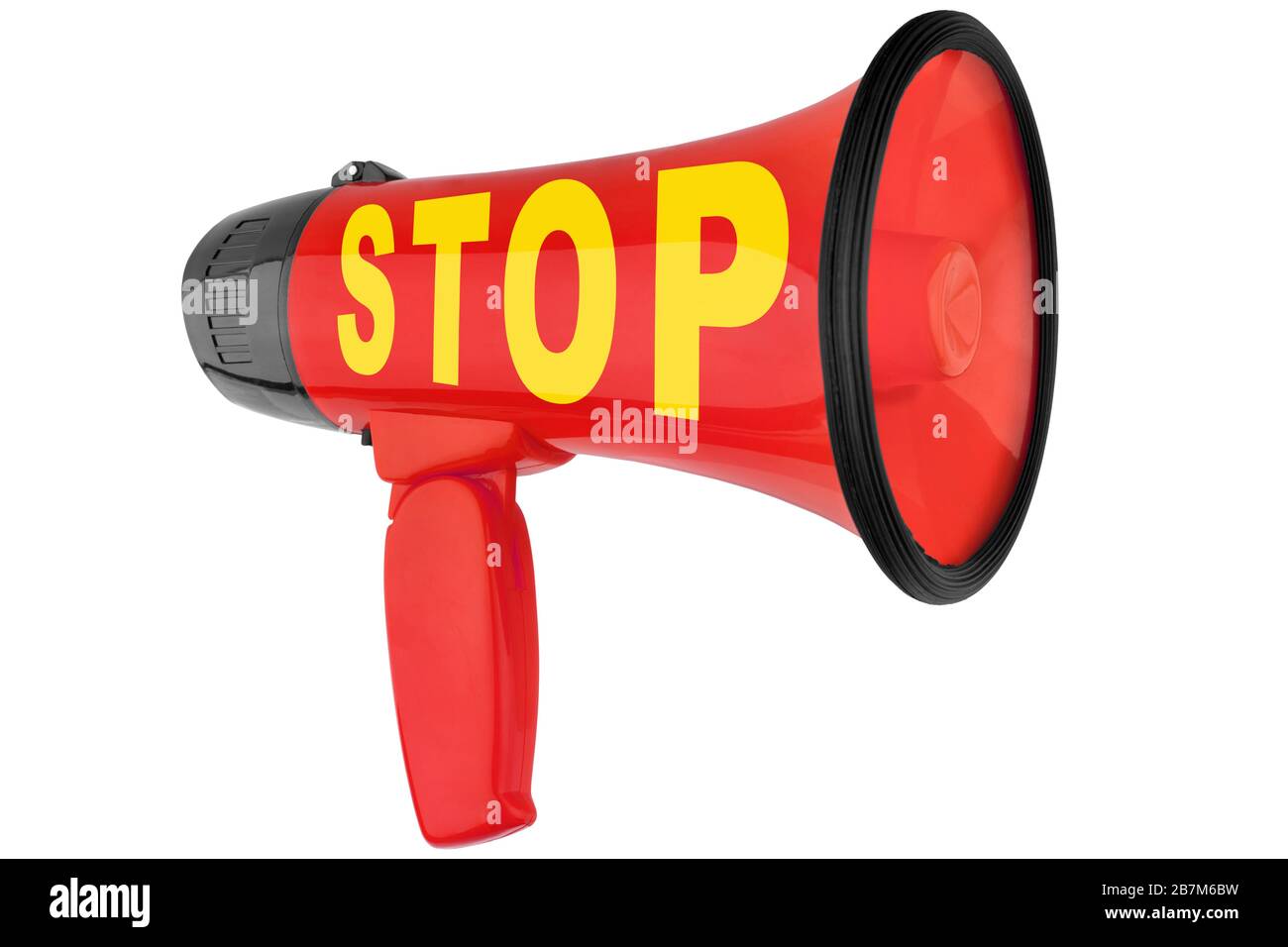 Red megaphone on white background isolated closeup, word stop on ...