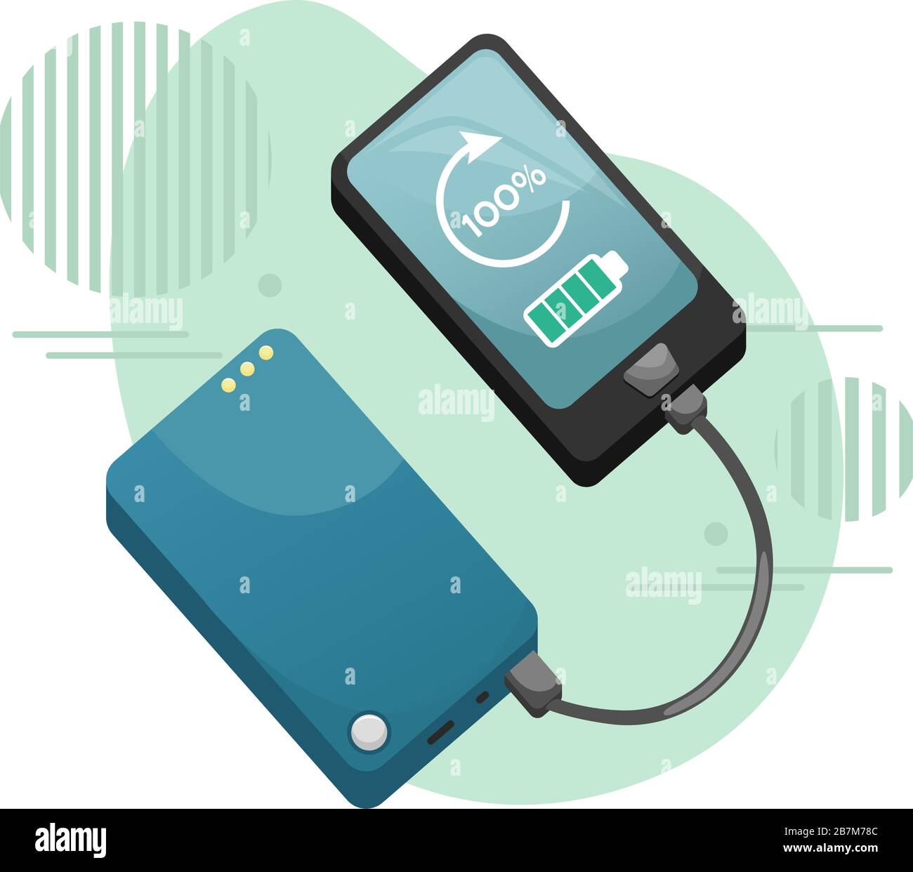 The phone is charged from the power bank. Battery. Vector illustration