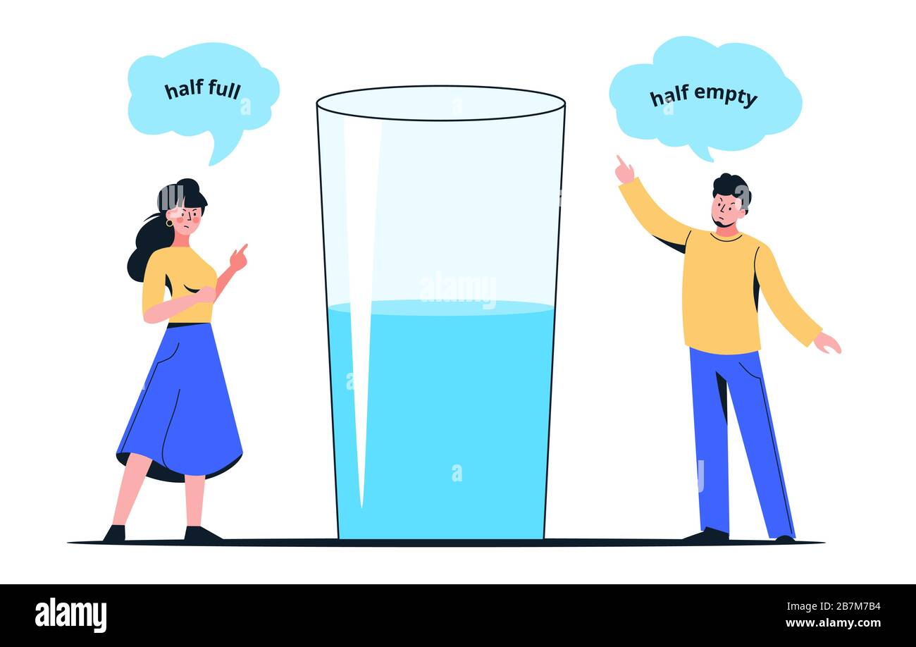 Colorful cartoon couple with half full or empty glass vector flat illustration Stock Vector