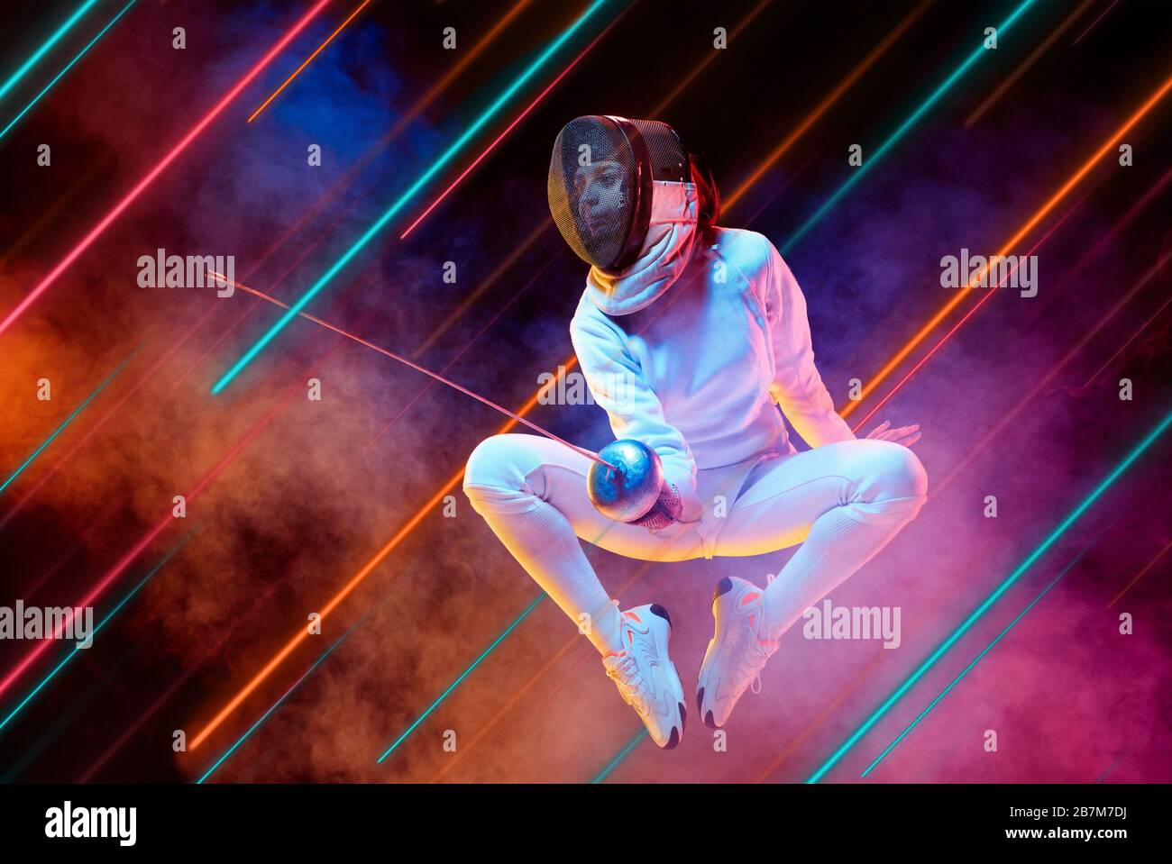Creative Sport And Neon Lines On Dark Background Flyer Proposal Female Fencing Player Training In Action And Motion Concept Of Hobby Healthy Lifestyle Youth Action Movement Modern Style Stock Photo Alamy