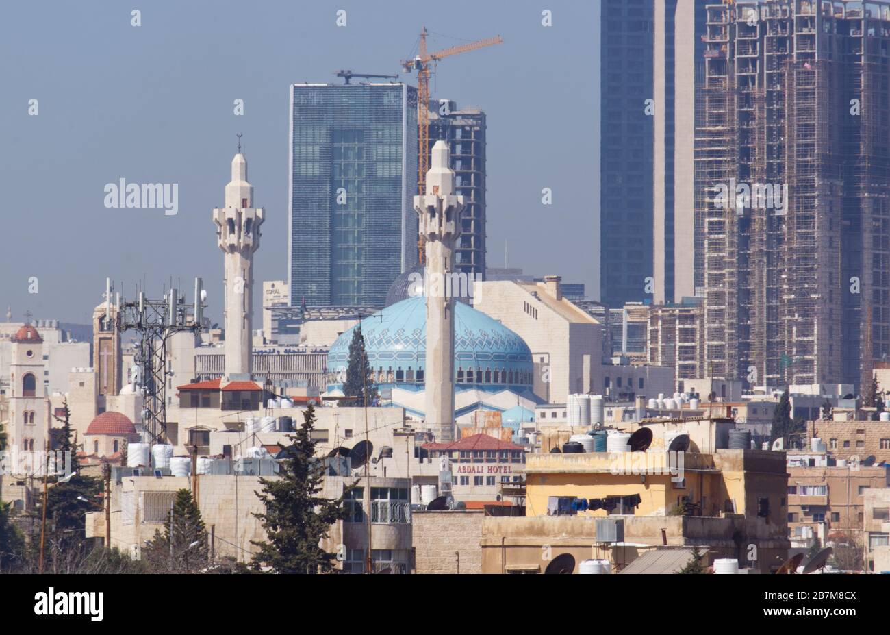 Amman / Jordan - 7 March 2020: New skyscrapers are being built near the King Abdullah mosque in the centre of Amman in the Abdali suburb Stock Photo