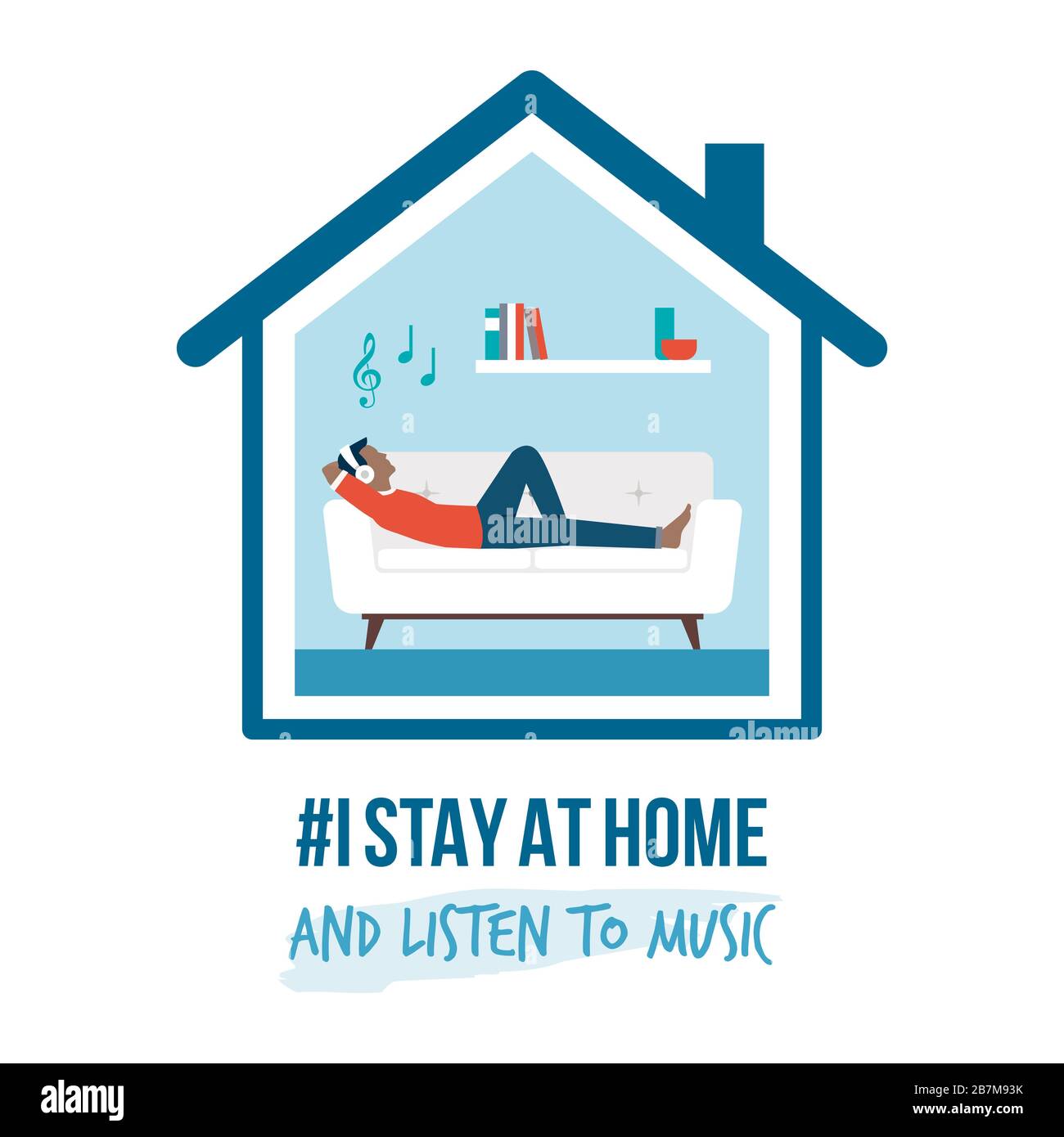 I stay at home awareness social media campaign and coronavirus prevention: man lying on the sofa and listening to music Stock Vector
