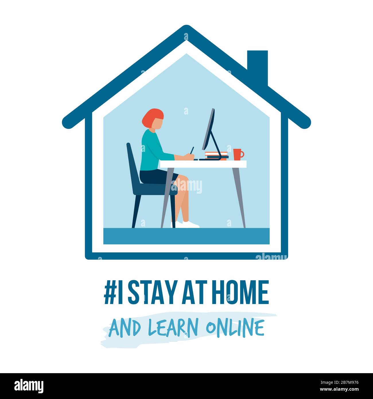 I stay at home awareness social media campaign and coronavirus prevention: woman working with her computer and learning online Stock Vector