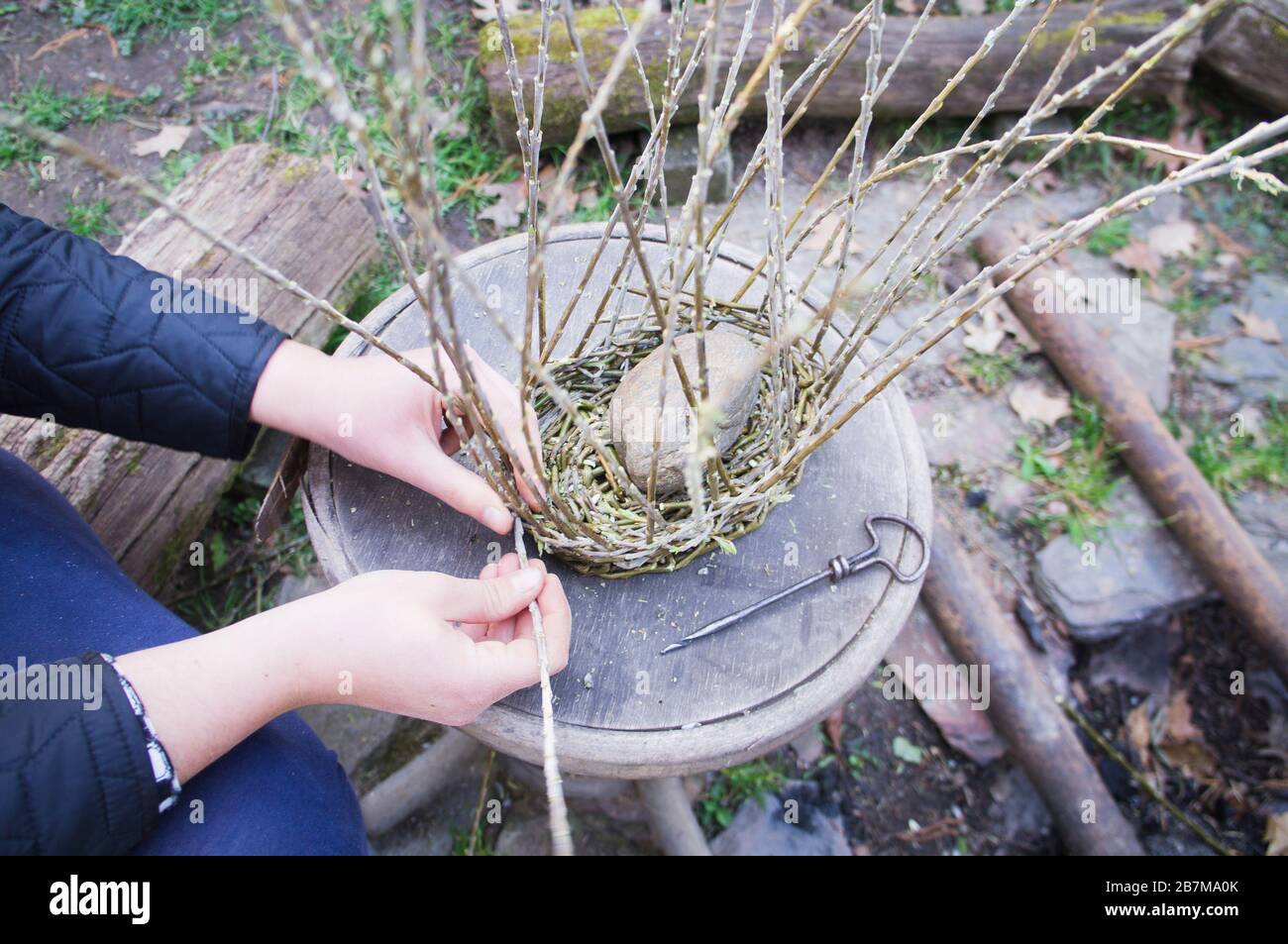 Basket weaving, basketry, basket making, willow rods, on March 16, 2020