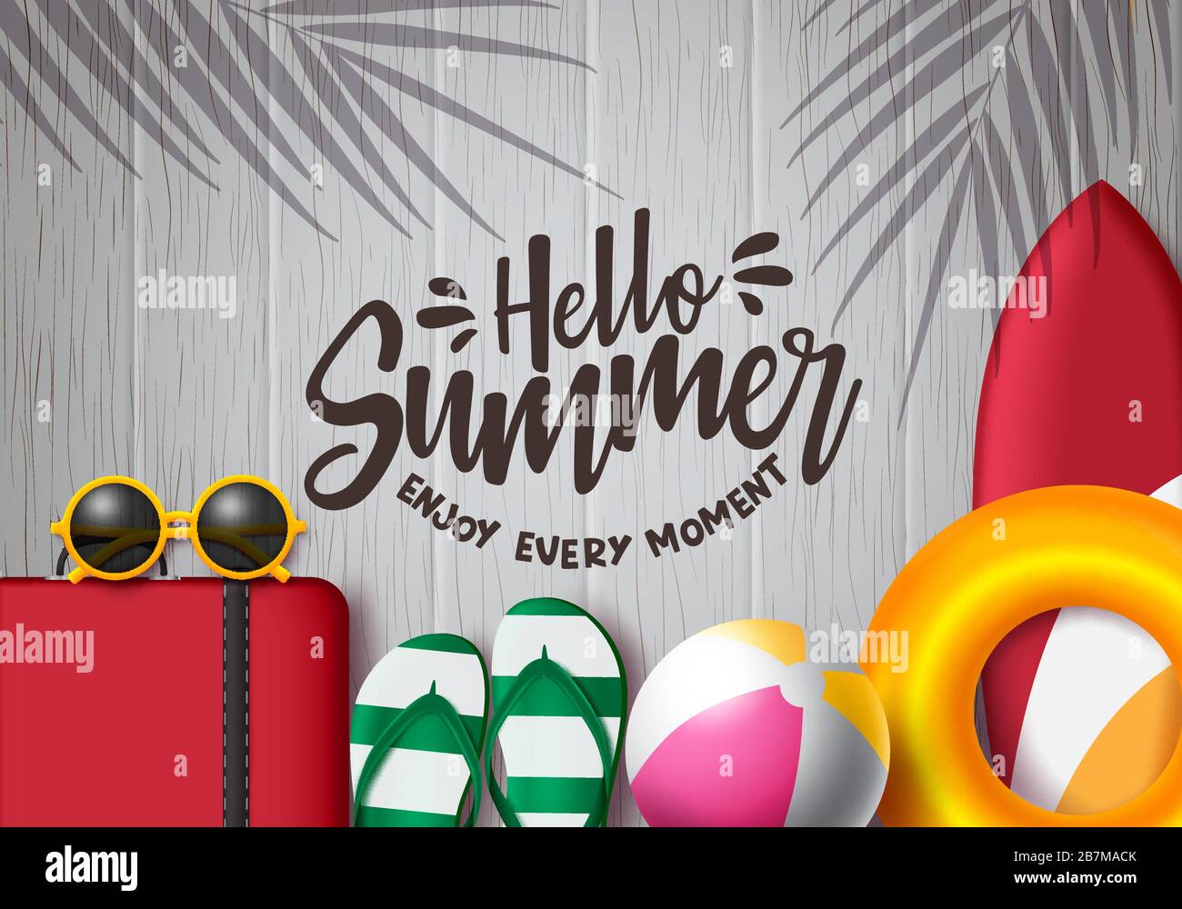 Hello summer vector background template. Hello summer enjoy every moment text in wood with beach and travel elements like luggage, sunglasses, beach. Stock Vector