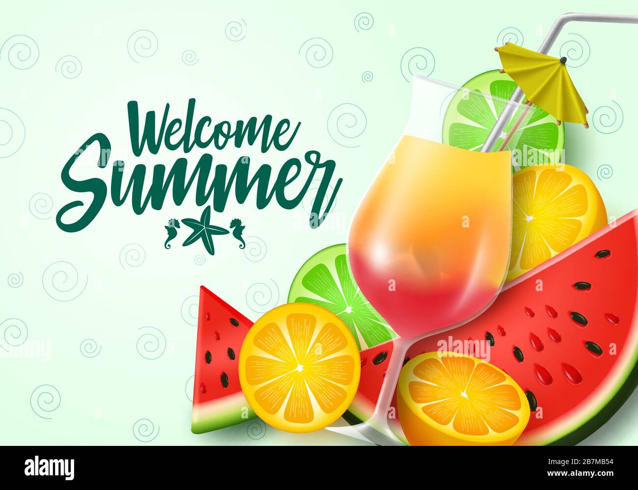 Welcome summer fruits vector banner template. Welcome summer text with tropical fruit element like water melon, orange and calamansi with fresh juice. Stock Vector