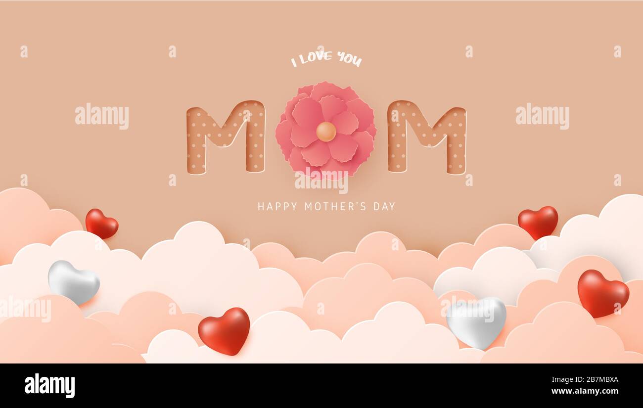 Happy mother's day poster or banner with clouds, heart shape and flower ...
