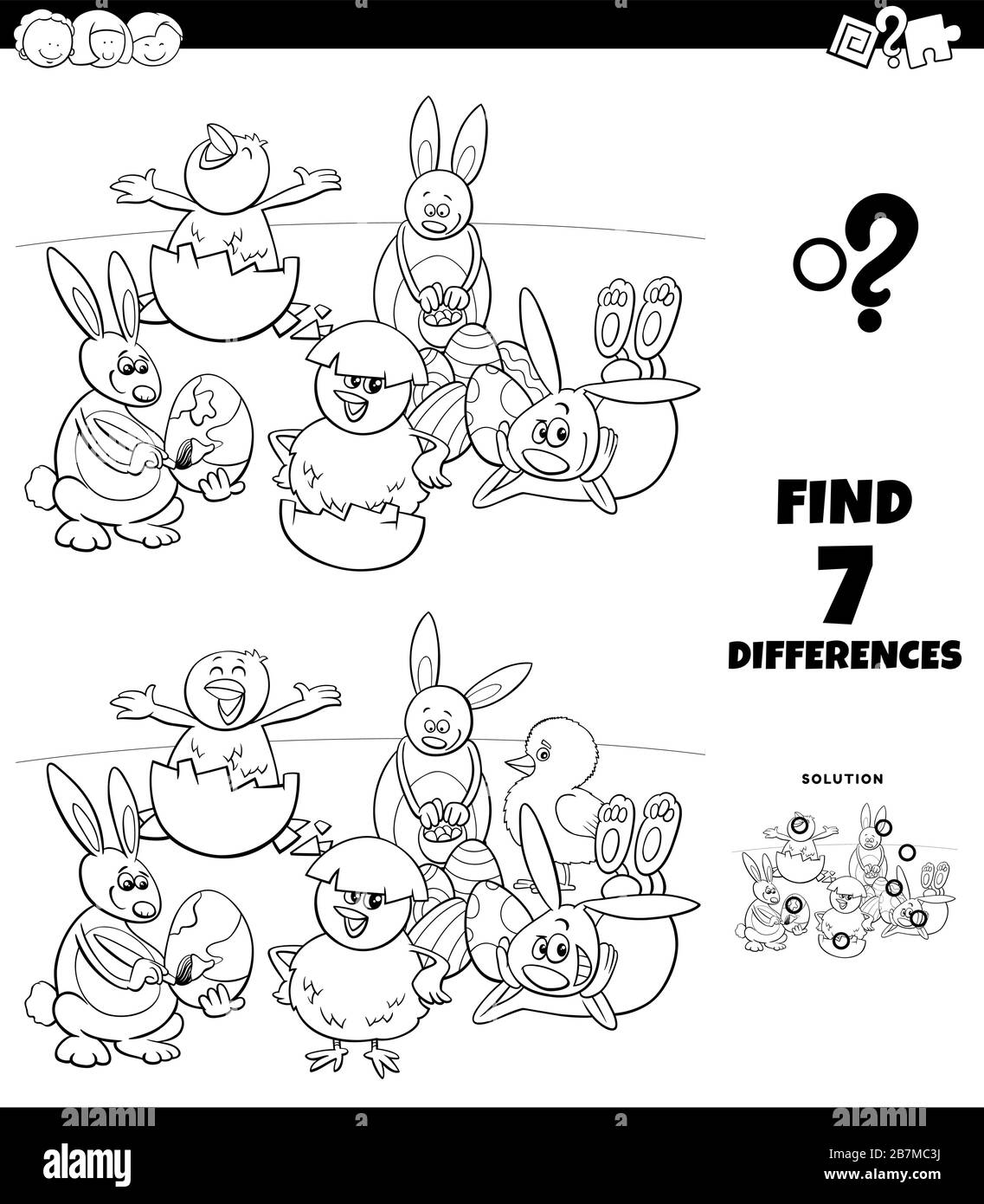 Black and White Cartoon Illustration of Finding Differences Between