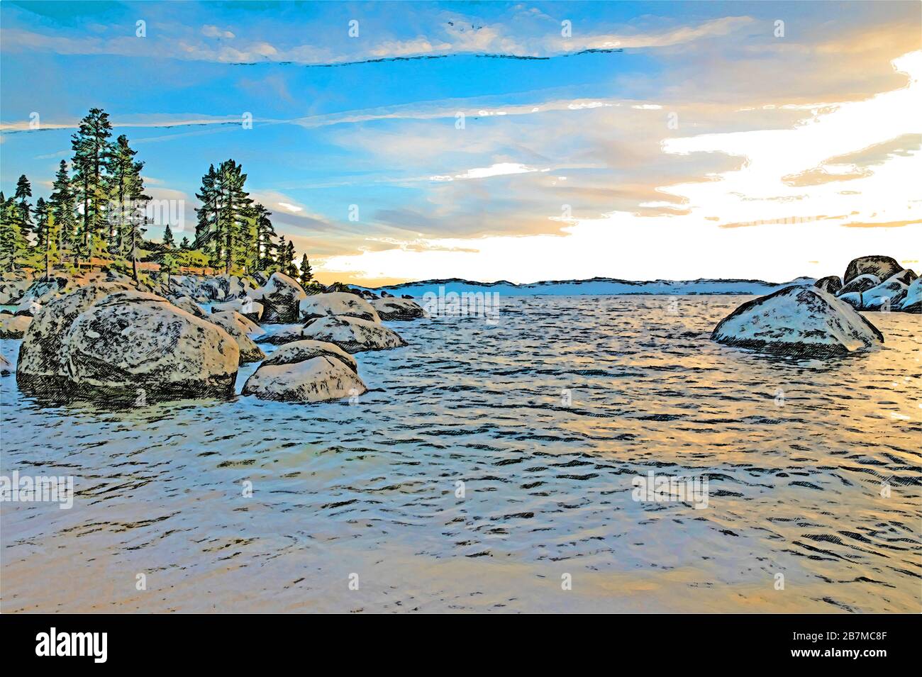 Lake Tahoe is a large freshwater lake in the Sierra Nevada mountains in the United States, located between the California and Nevada Stock Photo