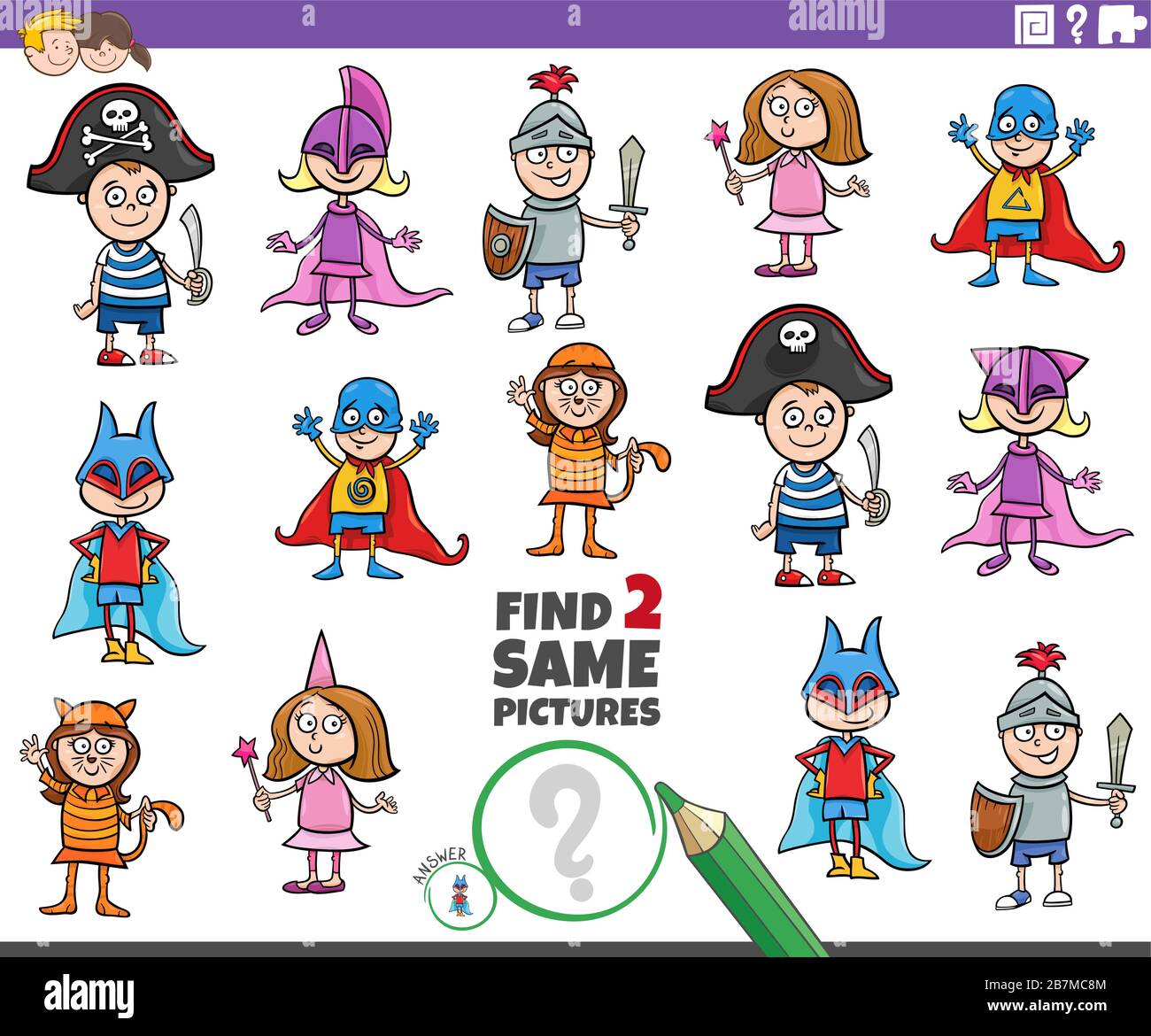 Cartoon Illustration of Finding Two Same Pictures Educational Game for ...