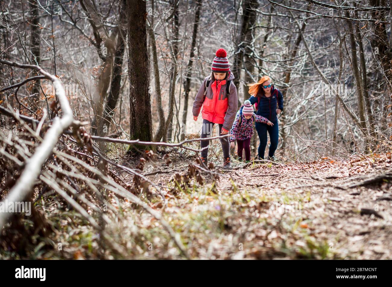 Portrait of family on hiking forest trip with hiking clothes