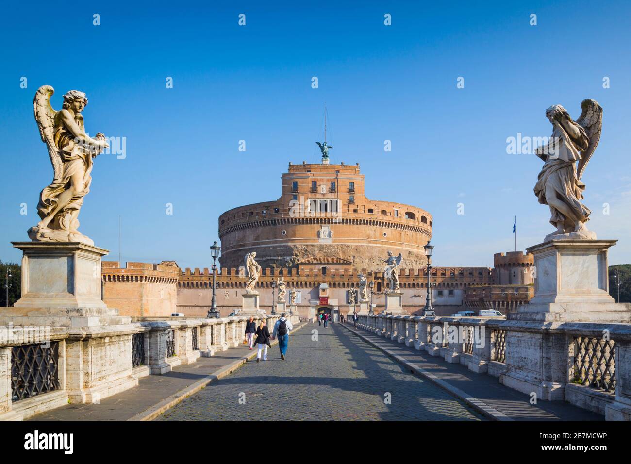 Rome, Italy.  Looking across Ponte Sant'Angelo to Castel Sant'Angelo.  Rome is a UNESCO World Heritage Site. Stock Photo
