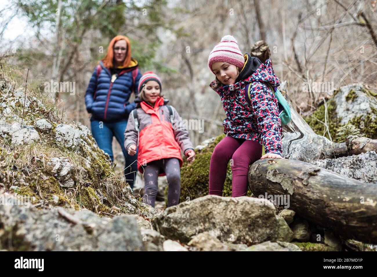 Children hiking in mountains or forest with sport hiking clothes. Girls are  playing and learning in the nature with cold lake water and winter clothin  Stock Photo - Alamy
