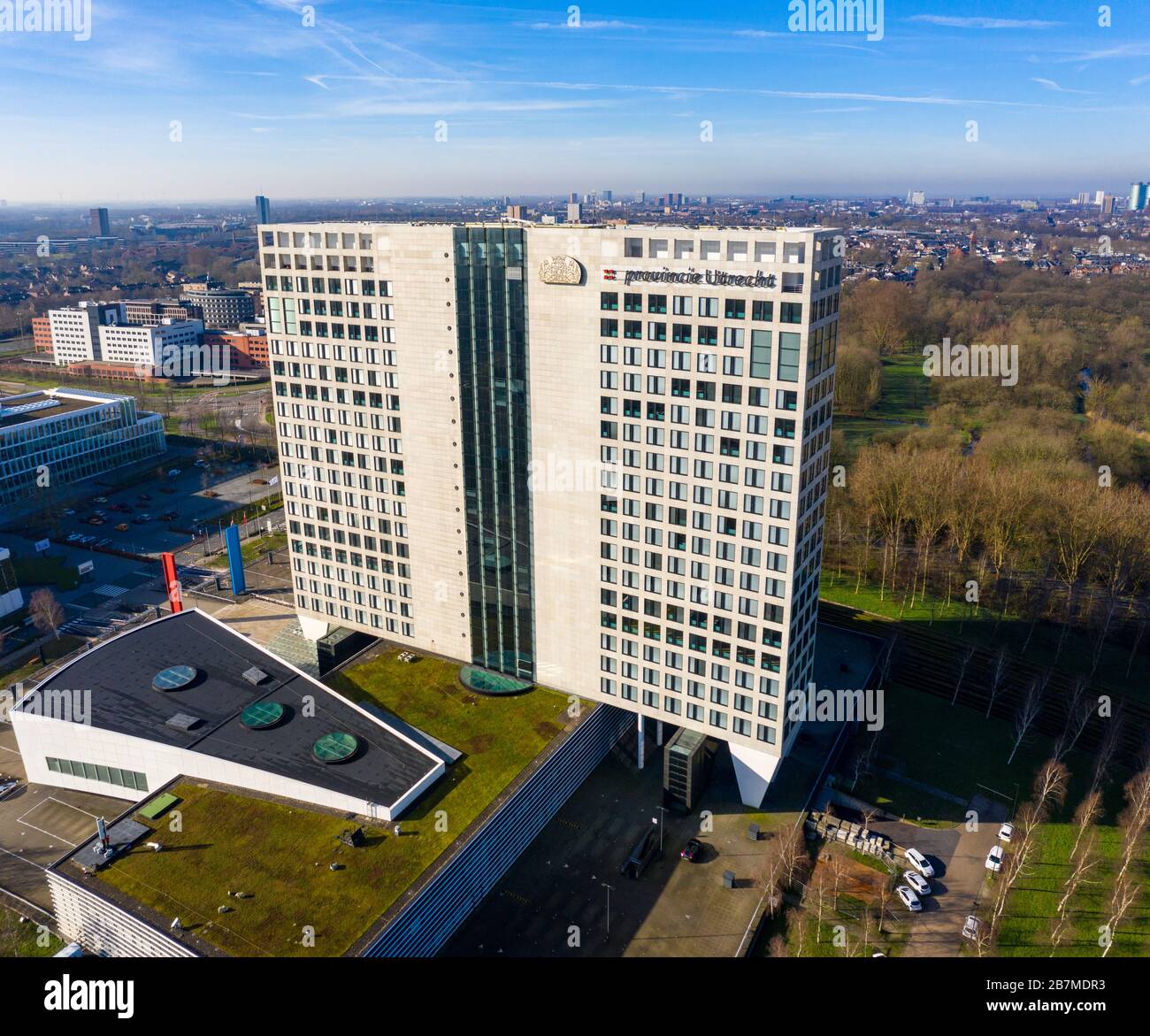 The provincial building (Provinciehuis)of Utrecht, the Netherlands, from the air with the city Utrecht in the background Stock Photo